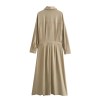 Womens Khaki Military Pleated Shirt Midi Dress With long cuffed sleeve