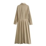 Womens Khaki Military Pleated Shirt Midi Dress With long cuffed sleeve