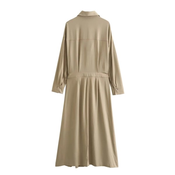 Womens Khaki Military Pleated Shirt Midi Dress With long cuffed sleeve