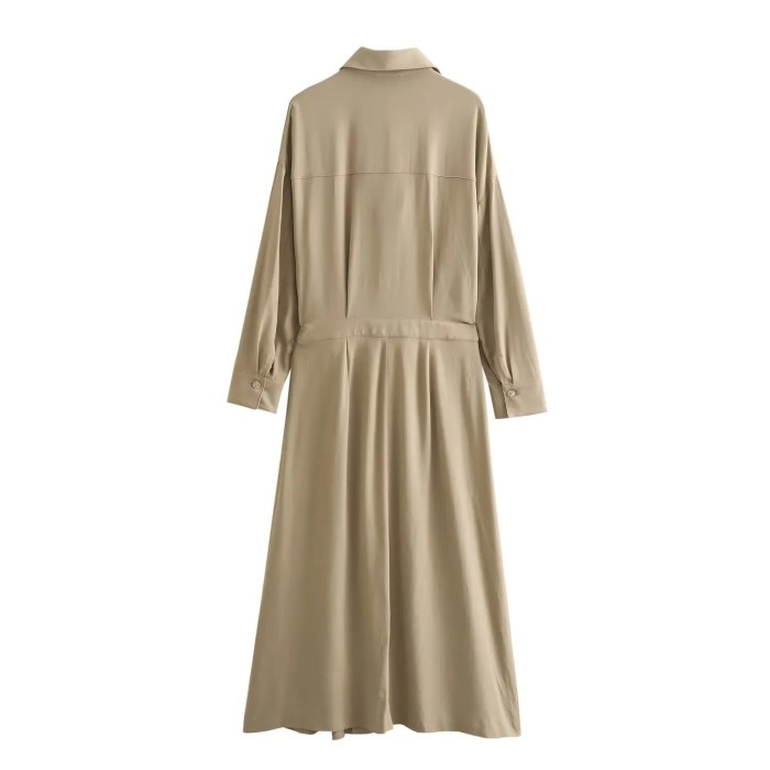 Womens Khaki Military Pleated Shirt Midi Dress With long cuffed sleeve