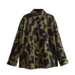 Womens Black Military Green Silk Satin Print Shirt Gold Button Detail
