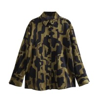 Womens Black Military Green Silk Satin Print Shirt Gold Button Detail Womens Black Military Green Silk Satin Print Shirt Gold Button Detail