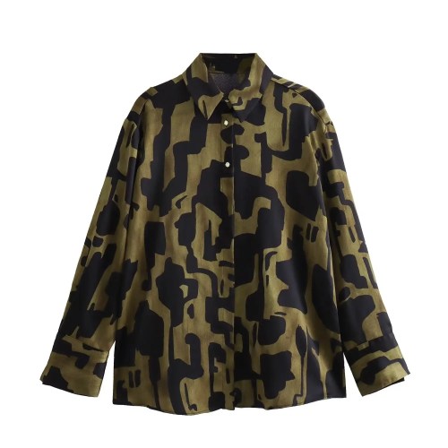 Womens Black Military Green Silk Satin Print Shirt Gold Button Detail Womens Black Military Green Silk Satin Print Shirt Gold Button Detail