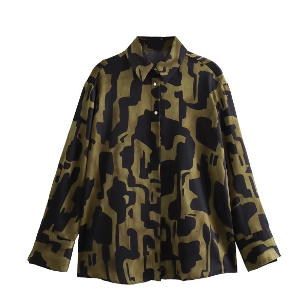 Womens Black Military Green Silk Satin Print Shirt Gold Button Detail Womens Black Military Green Silk Satin Print Shirt Gold Button Detail