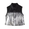 Women Platinum Black Denim Sleeveless Vest Coat + Midi Skirt