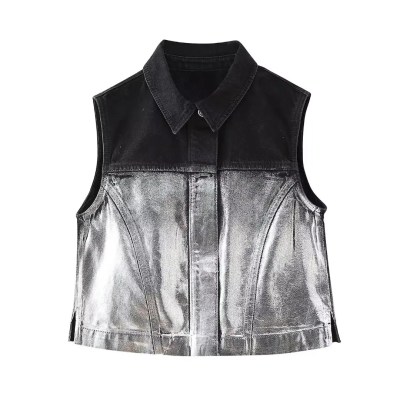 Women Platinum Black Denim Sleeveless Vest Coat + Midi Skirt