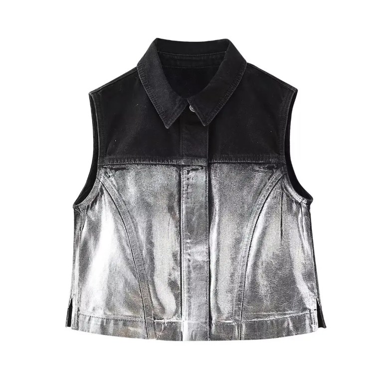 Women Platinum Black Denim Sleeveless Vest Coat + Midi Skirt