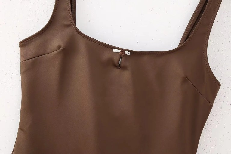 Womens Silk Satin Nude Slim Fit Strap Mini Dress in Chocolate