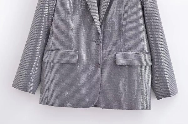 Womens Metallic Silver Straight Cut Sequin Blazer