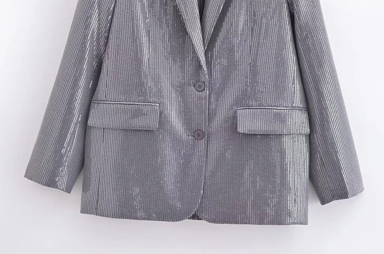 Womens Metallic Silver Straight Cut Sequin Blazer