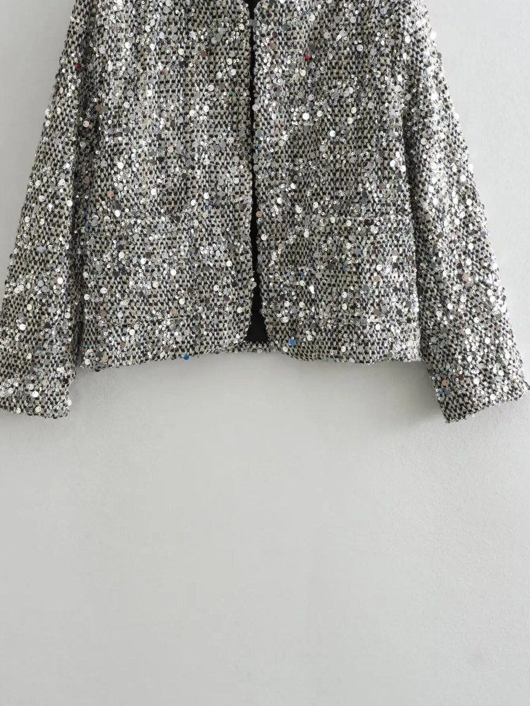 Womens Sequin Tweed Round Collar Vintage Jacket