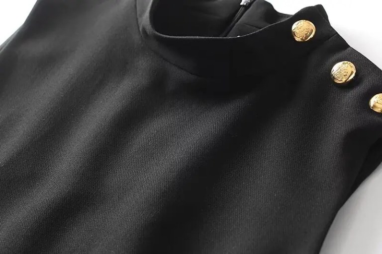 Womens Black Buckle Series Straight Cut Gold button Detail 50’s Glam Mini Dress