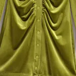 Womens Green Slim Line Ruched Velvet Shirt Button up Mini Dress