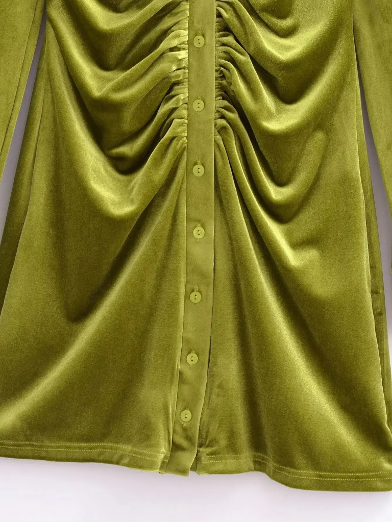 Womens Green Slim Line Ruched Velvet Shirt Button up Mini Dress