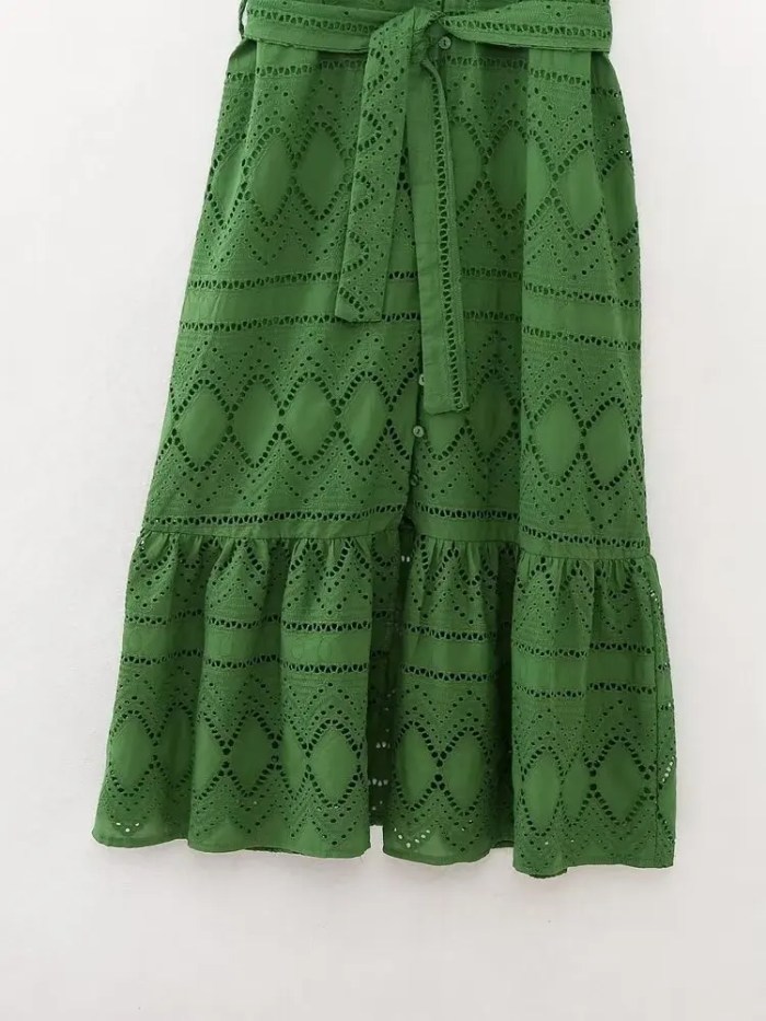 Womens Embroidered Green Shirt Style V Neck Long Button dress Womens Embroidered Green Shirt Style V Neck Long Button dress