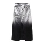 Women Platinum Black Denim Sleeveless Vest Coat + Midi Skirt