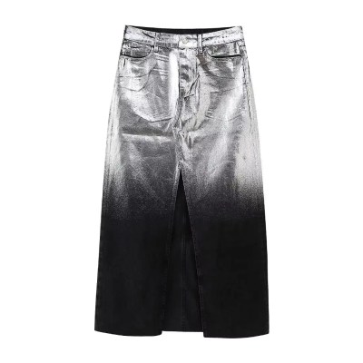 Women Platinum Black Denim Sleeveless Vest Coat + Midi Skirt