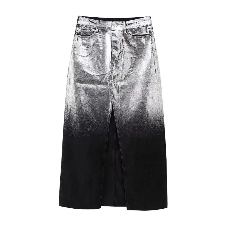 Women Platinum Black Denim Sleeveless Vest Coat + Midi Skirt