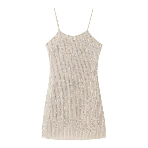 Womens Tassel Ivory Backless Strap Mini Dress