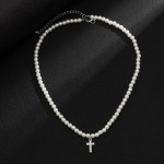 Men’s Pearl Beads Chain with Shiny Rhinestone Cross Necklace