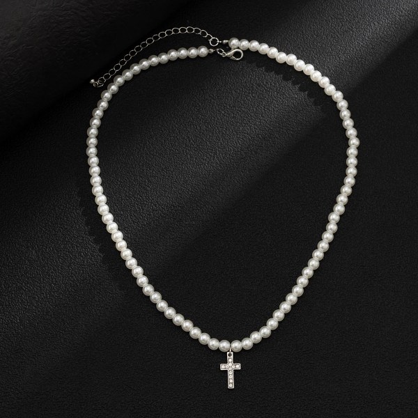 Men’s Pearl Beads Chain with Shiny Rhinestone Cross Necklace Men’s Pearl Beads Chain with Shiny Rhinestone Cross Necklace