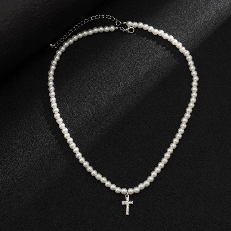 Men’s Pearl Beads Chain with Shiny Rhinestone Cross Necklace