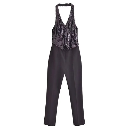 Womens Beaded Halter Sleeveless Black Jumpsuit Womens Beaded Halter Sleeveless Black Jumpsuit