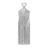 Womens Silver Sequined Sparkle Halter Slim Fit Backless Midi Dress Womens Silver Sequined Sparkle Halter Slim Fit Backless Midi Dress