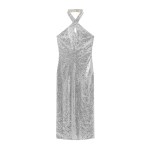 Womens Silver Sequined Sparkle Halter Slim Fit Backless Midi Dress Womens Silver Sequined Sparkle Halter Slim Fit Backless Midi Dress