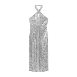 Womens Silver Sequined Sparkle Halter Slim Fit Backless Midi Dress