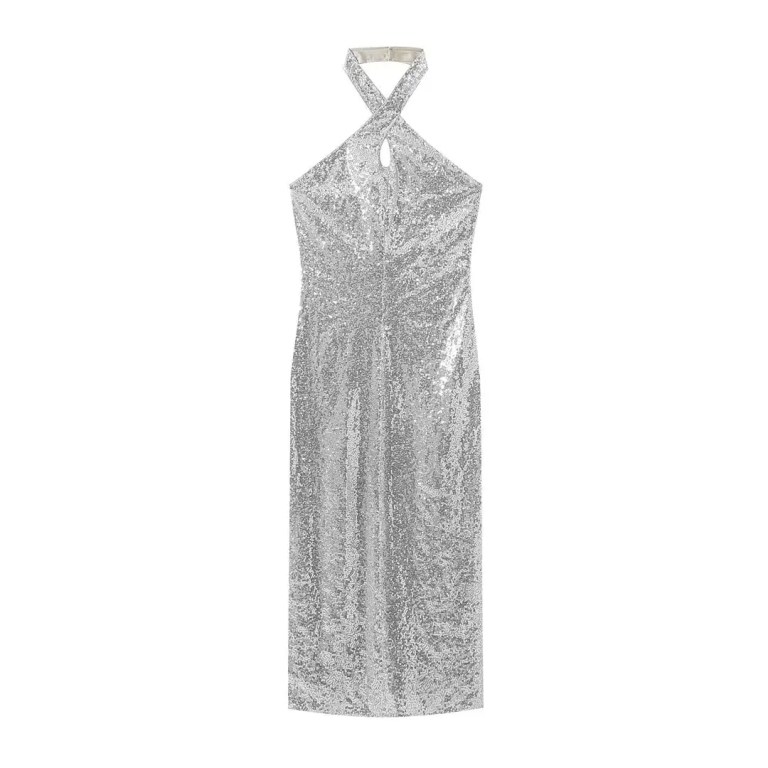 Womens Silver Sequined Sparkle Halter Slim Fit Backless Midi Dress Womens Silver Sequined Sparkle Halter Slim Fit Backless Midi Dress
