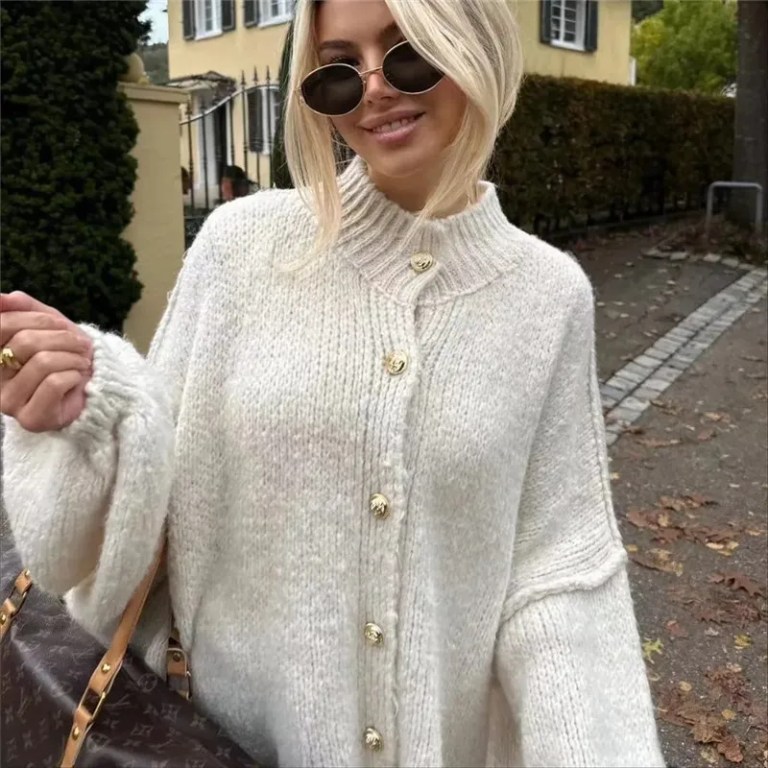Womens Oversized Knit Cardigan Gold Button Detail Womens Oversized Knit Cardigan Gold Button Detail