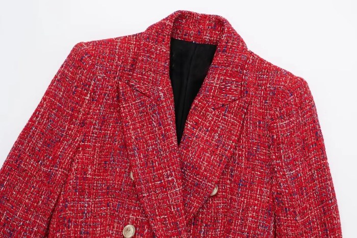 Womens Red Tweed Double Breasted Gold Button Detail Blazer
