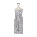 Womens Silver Sequined Sparkle Halter Slim Fit Backless Midi Dress Womens Silver Sequined Sparkle Halter Slim Fit Backless Midi Dress