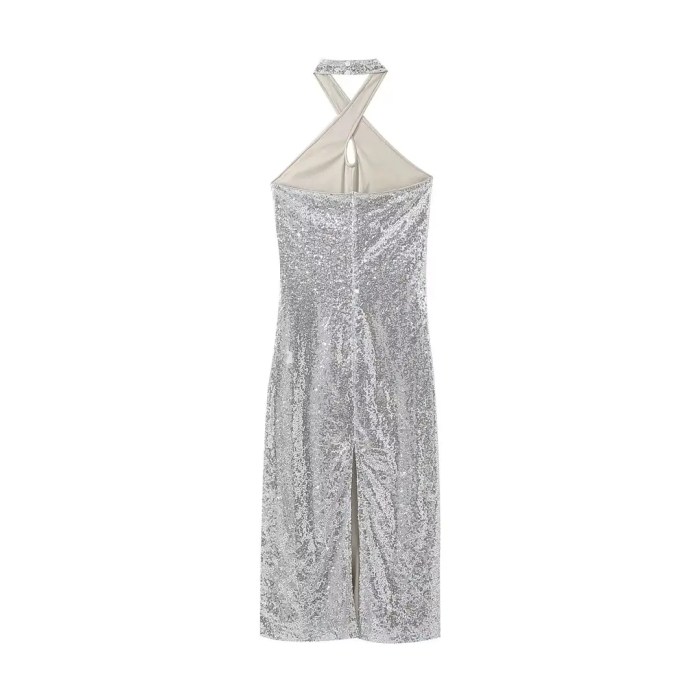 Womens Silver Sequined Sparkle Halter Slim Fit Backless Midi Dress Womens Silver Sequined Sparkle Halter Slim Fit Backless Midi Dress