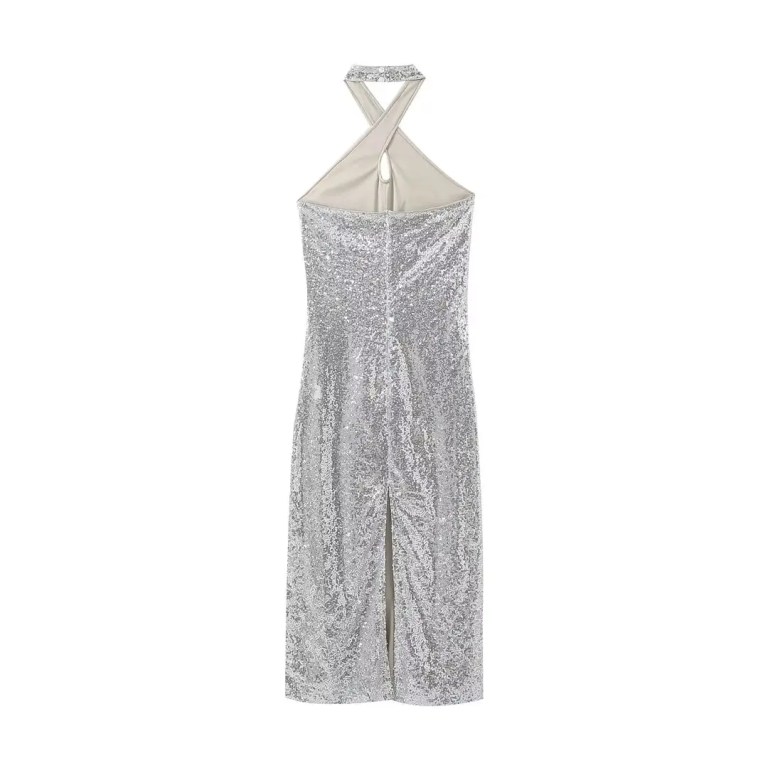 Womens Silver Sequined Sparkle Halter Slim Fit Backless Midi Dress Womens Silver Sequined Sparkle Halter Slim Fit Backless Midi Dress