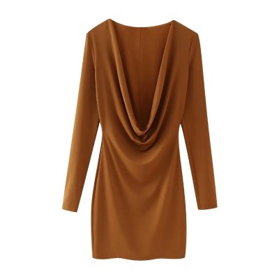 Womens Long V Long Sleeve 80’s Mini dress in Chocolate Vintage
