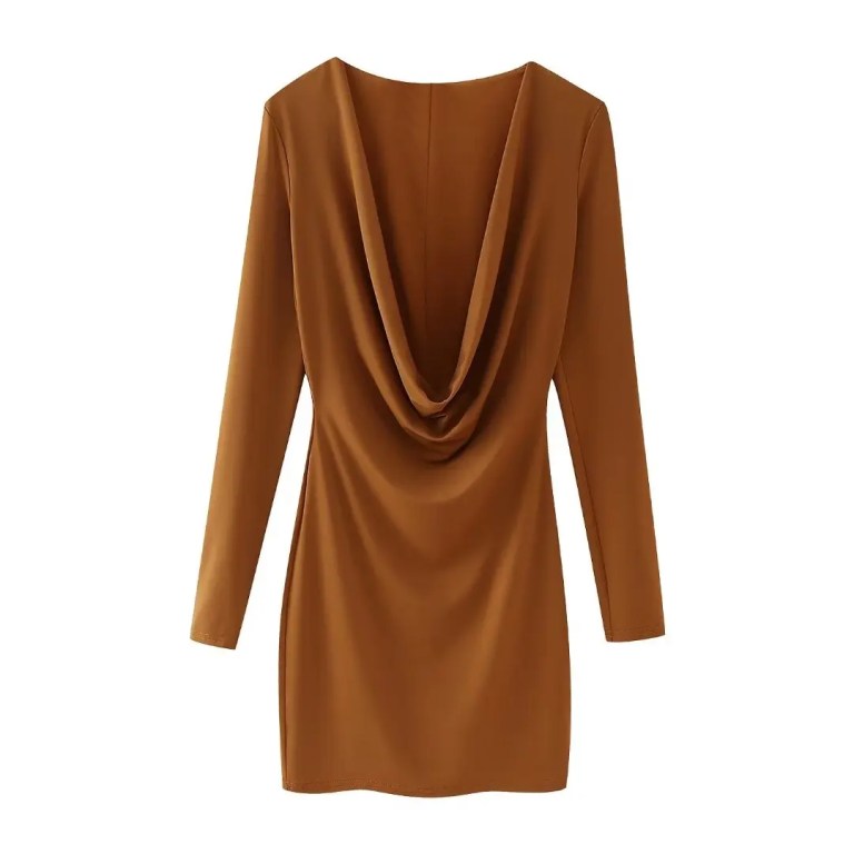 Womens Long V Long Sleeve 80’s Mini dress in Chocolate Vintage