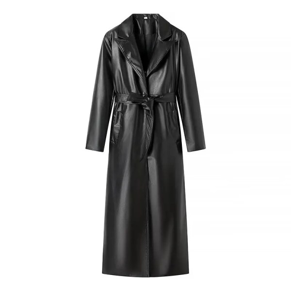 Womens Foe Leather Black Vintage Trench Coat Womens Foe Leather Black Vintage Trench Coat