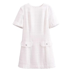 Womens Classic Black or White Short sleeve Tweed Mini Dress with Button Detail