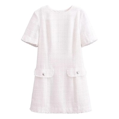 Womens Classic Black or White Short sleeve Tweed Mini Dress with Button Detail