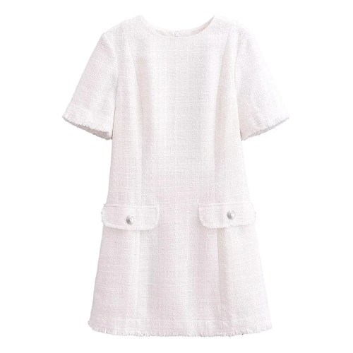 Womens Classic Black or White Short sleeve Tweed Mini Dress with Button Detail