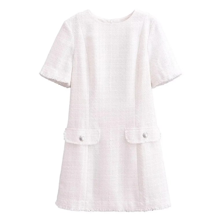 Womens Classic Black or White Short sleeve Tweed Mini Dress with Button Detail