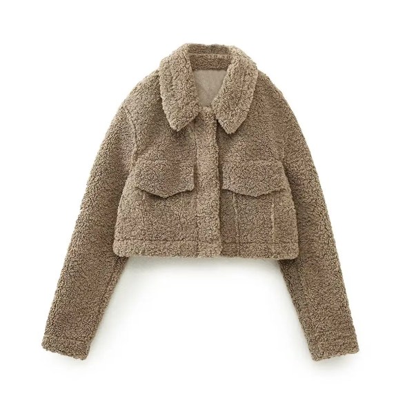 Womens Fleece Short Shirt Pocket Vintage Coat
