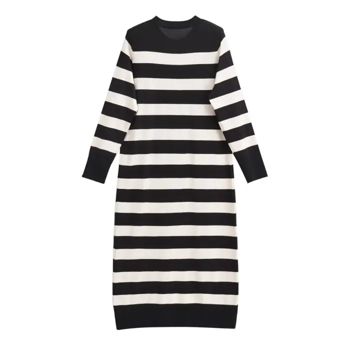 Women’s Round Neck Long Sleeve Dress – Slim Knit Stripped Fit.