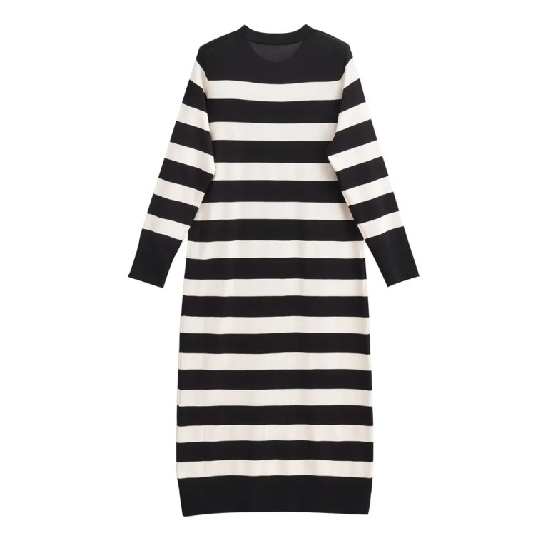 Women’s Round Neck Long Sleeve Dress – Slim Knit Stripped Fit.
