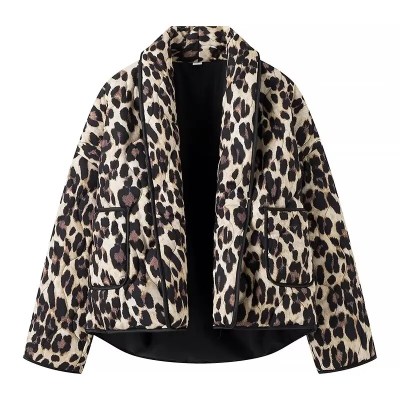 Womens Leopard-print Quilted Jacket Vintage Long-sleeve Pocket Womens Leopard-print Quilted Jacket Vintage Long-sleeve Pocket
