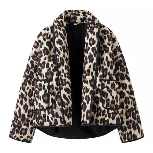 Womens Leopard-print Quilted Jacket Vintage Long-sleeve Pocket