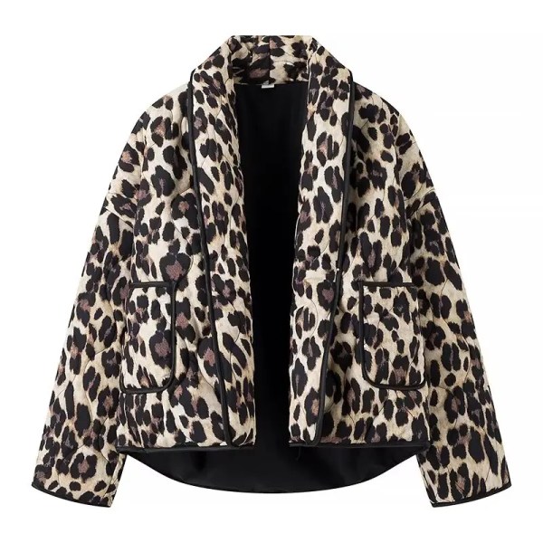 Womens Leopard-print Quilted Jacket Vintage Long-sleeve Pocket