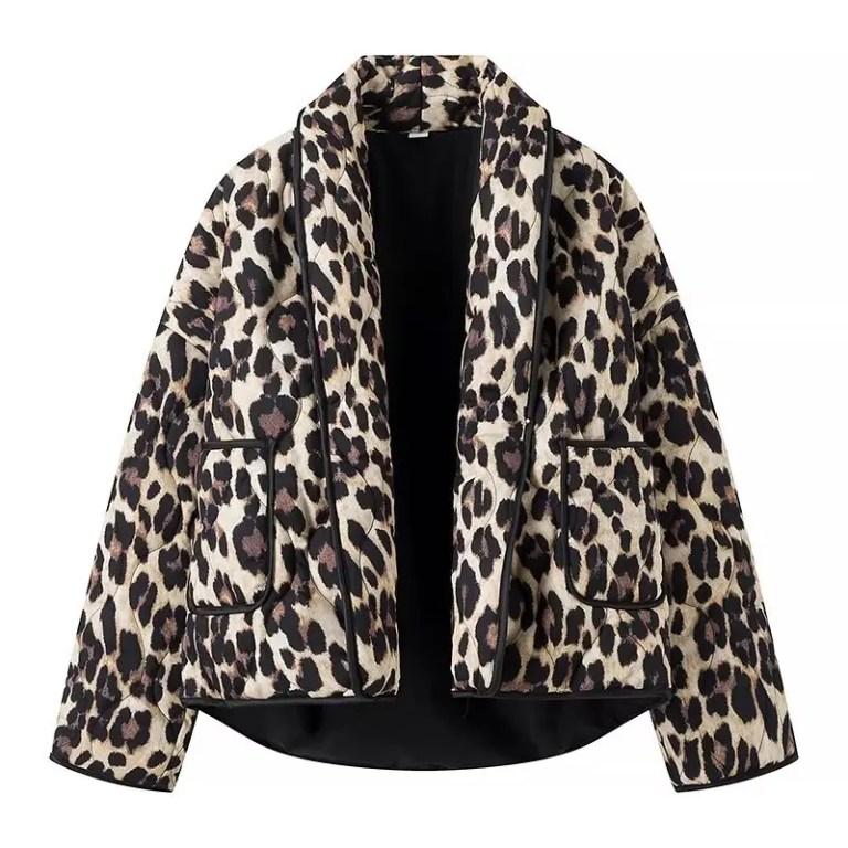 Womens Leopard-print Quilted Jacket Vintage Long-sleeve Pocket